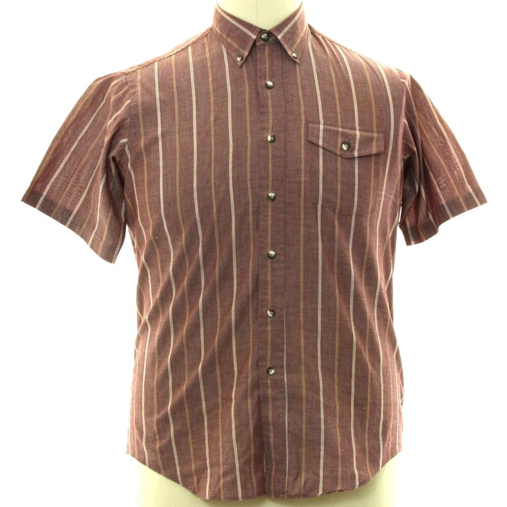 Vintage 80s Men's Large Button Down Shirt Short Sleeve Striped Plum Red